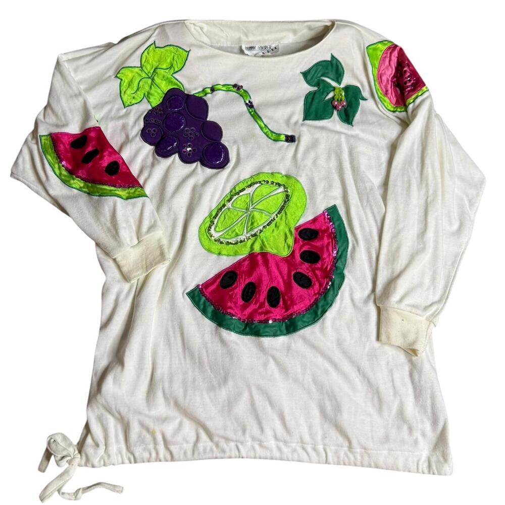 Bonnie Boerer Fruit Applique Watermelon Grape Lime Sweater 80s Vintage S